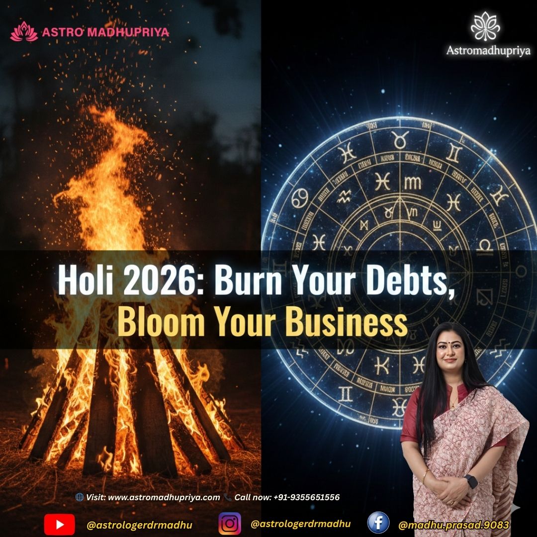 A split-screen digital graphic for Holi 2026 featuring a traditional Holika Dahan bonfire with glowing sparks on the left and a glowing blue celestial zodiac wheel on the right. Central text reads "Holi 2026: Burn Your Debts, Bloom Your Business" with the Astromadhupriya brand logo in the corner.