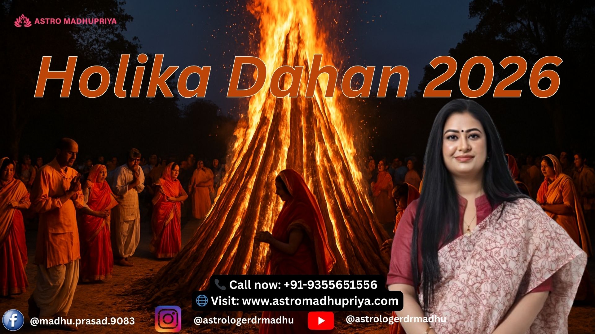 Devotees in traditional Indian attire perform parikrama around a towering Holika Dahan bonfire under a twilight sky, with flames rising and embers glowing.