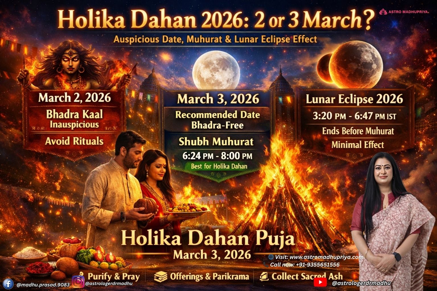 “Sacred Holika bonfire glowing under the full moon, surrounded by cosmic light and vibrant colors, symbolizing victory of good over evil.”