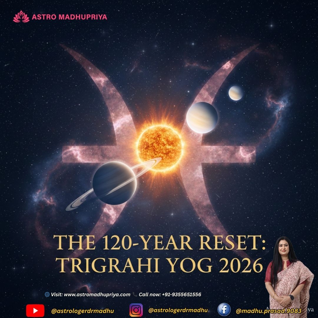 A cinematic celestial alignment showing the Sun, Saturn with rings, and Venus against a starry nebula background, featuring a glowing Pisces zodiac symbol and text "The 120-Year Reset: Trigrahi Yog 2026" with the Astromadhupriya brand name.