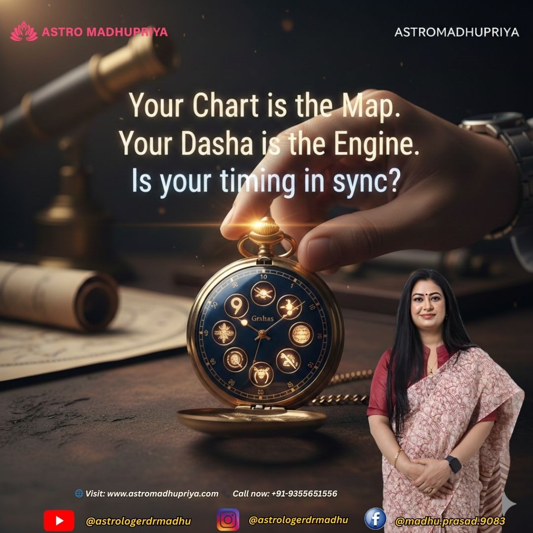 A hand holding a luxurious gold cosmic pocket watch with a navy blue face featuring 9 planetary symbols (Grahas), set against a background of vintage scrolls and a telescope, with the text "Your Chart is the Map. Your Dasha is the Engine. Is your timing in sync?" and the brand name Astromadhupriya.