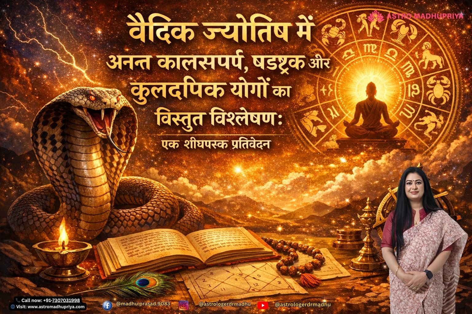 वैदिक ज्योतिषीय शोध पर आधारित 7D सिनेमैटिक इमेज जिसमें अनन्त कालसर्प योग का प्रतीक नाग, भारतीय राशि चक्र, ध्यानस्थ आकृति, और ज्योतिषीय ग्रंथों के साथ दिव्य ऊर्जा का चित्रण है।