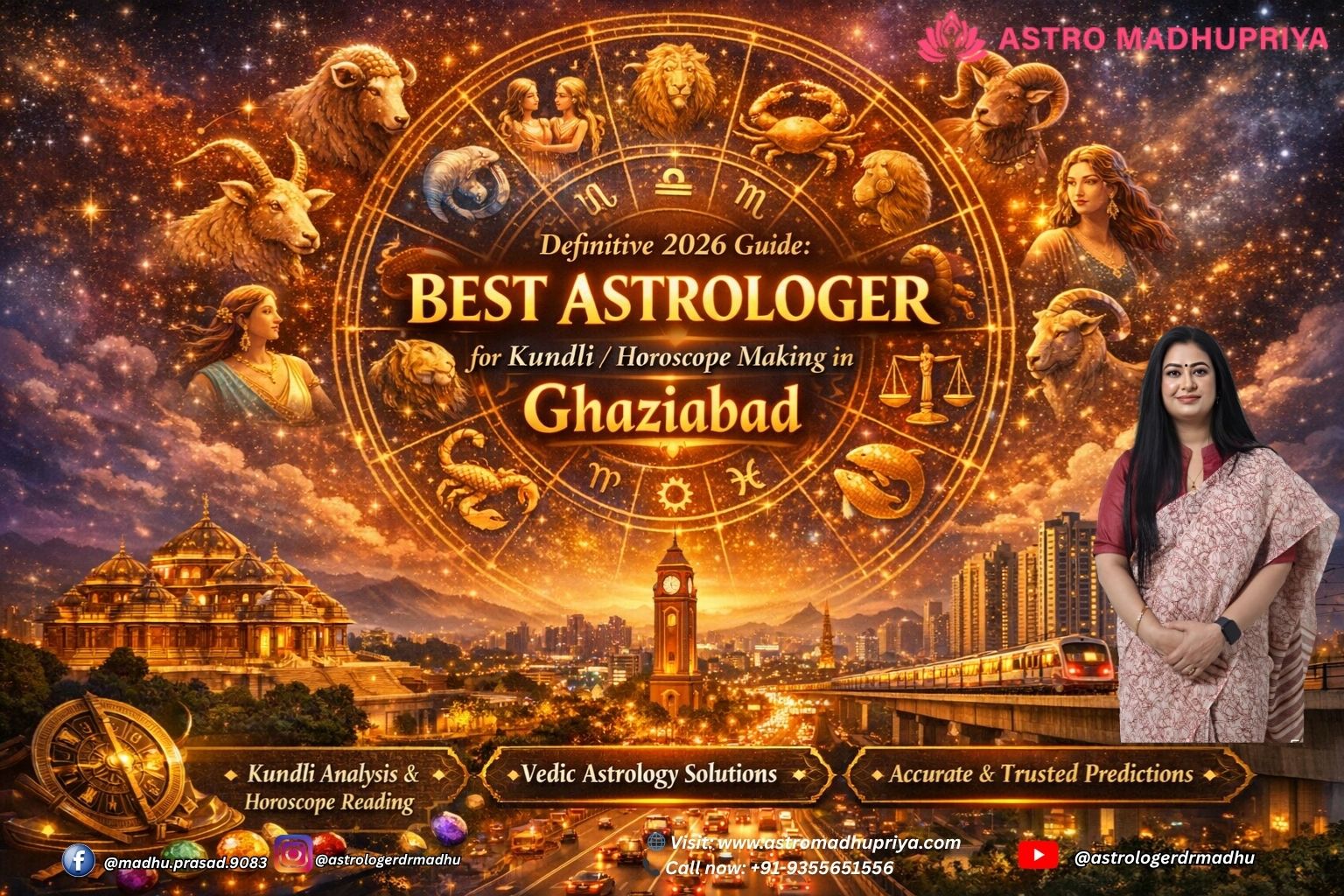 “Mystical city skyline blended with zodiac constellations, symbolizing accurate Kundli making.” “Astrological chart overlay with cosmic patterns, representing horoscope guidance for life decisions.” “Celestial imagery of Saturn and Rahu transits above a modern landscape.”