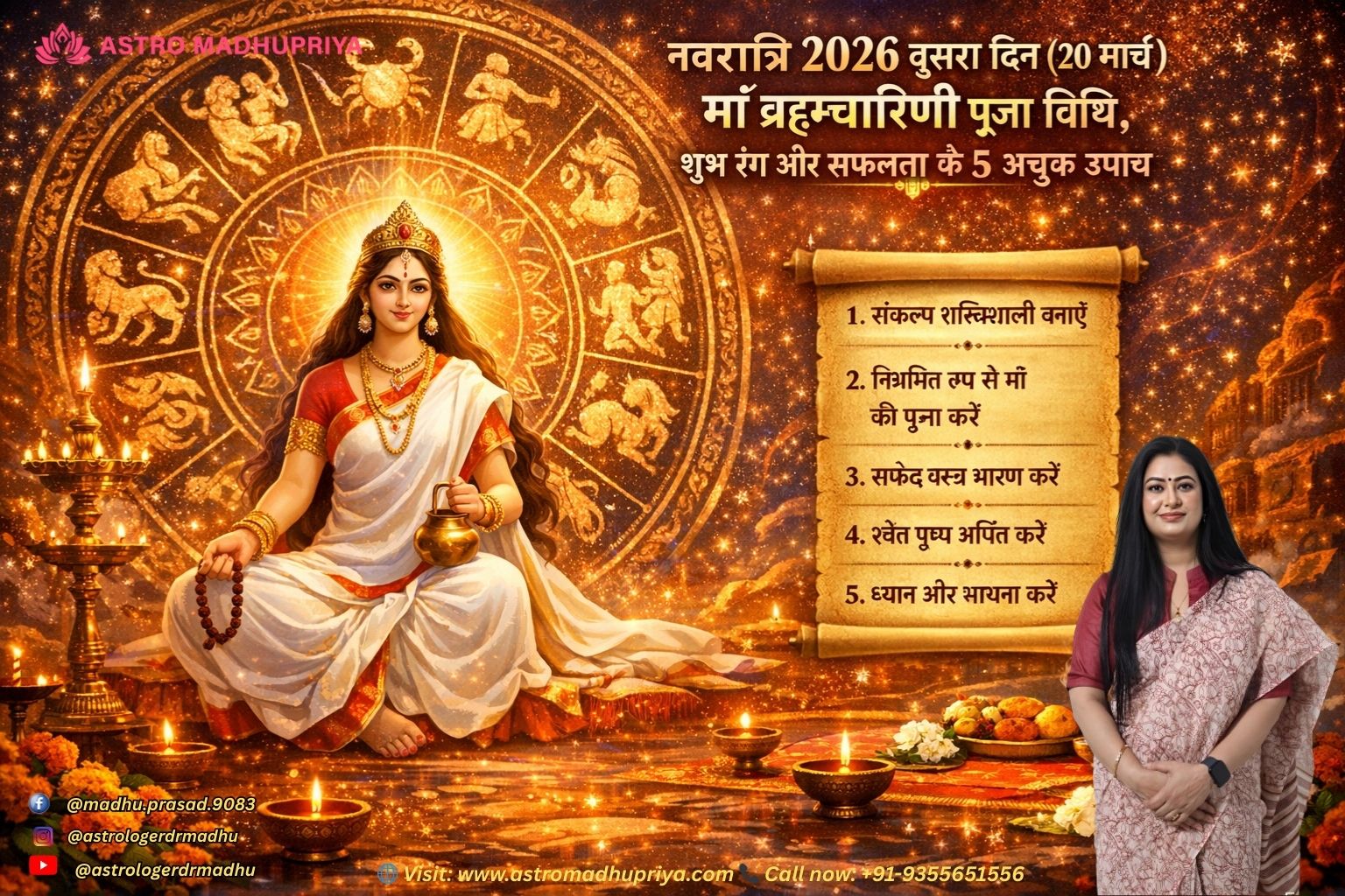 Maa Brahmacharini Devi Chaitra Navratri Day 2 2026, holding Japa Mala and Kamandal, Yellow color theme for willpower and Svadhisthana Chakra healing.