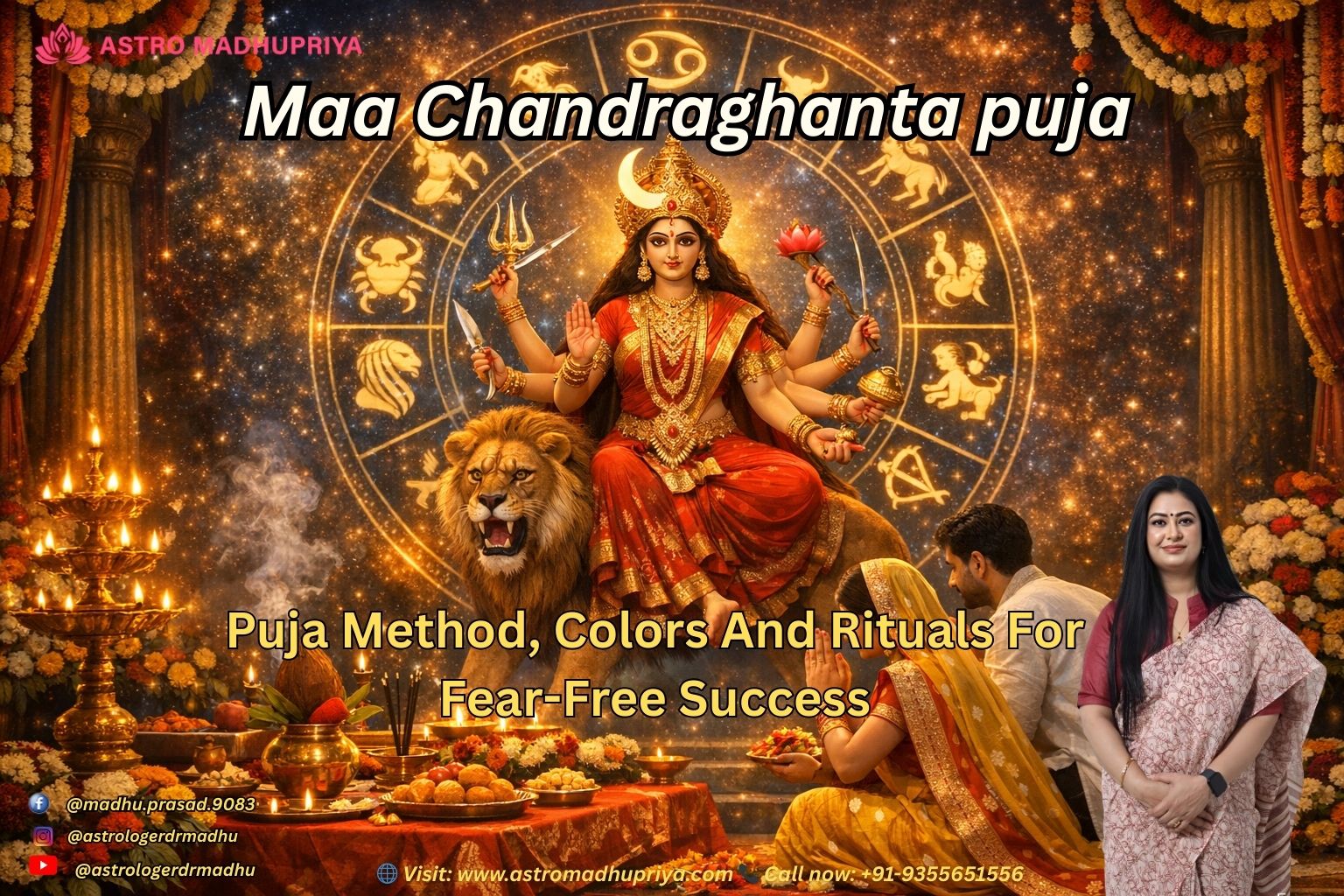 Maa Chandraghanta seated on a lion in a temple setting, surrounded by glowing zodiac signs. Devotees offer milk sweets and flowers during Navratri Day 3 puja. A cosmic wheel glows in the background, symbolizing Manipura Chakra activation and divine protection.