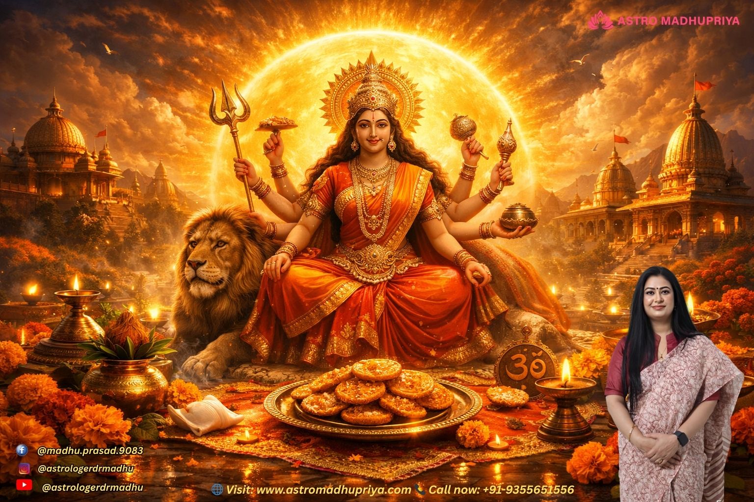 Cinematic depiction of Maa Kushmanda, radiant solar goddess with eight arms, surrounded by orange marigolds and glowing sun aura, symbolizing cosmic creation and energy.