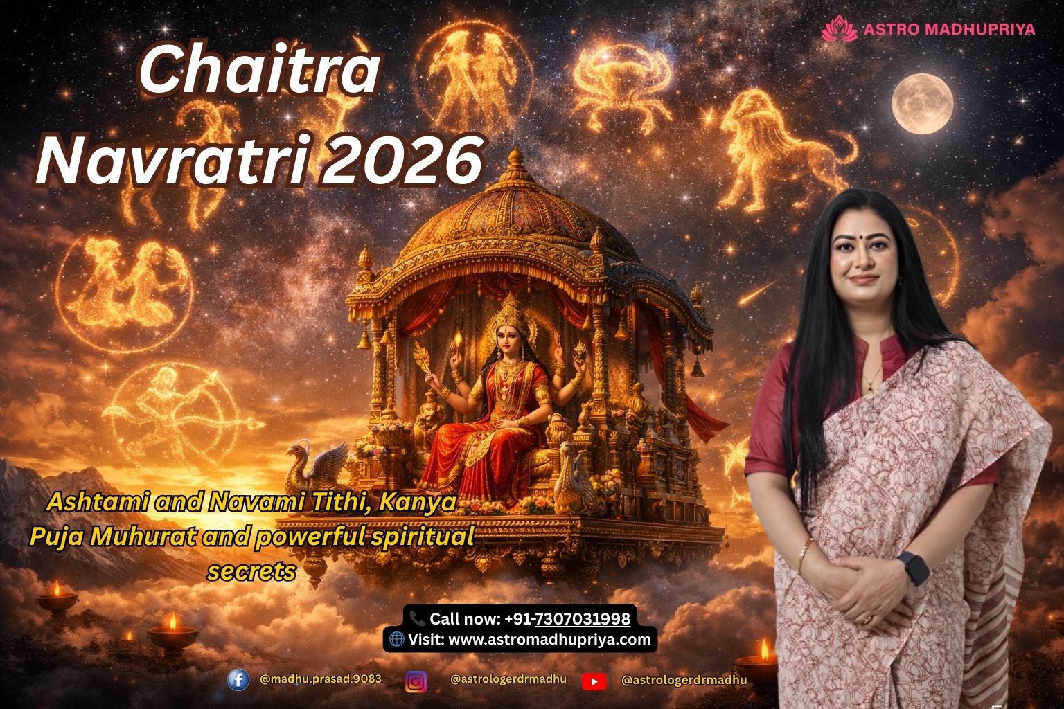 Golden sunrise over a temple silhouette, radiating balance of Shakti and Dharma, symbolizing Lord Rama and Siddhidatri’s blessings.