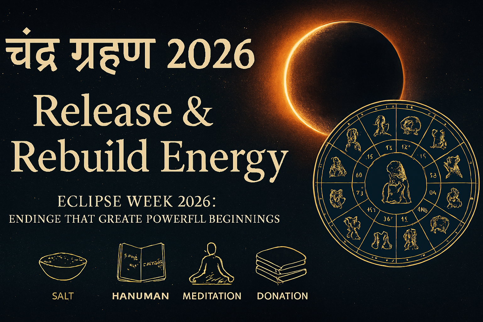 Cinematic landscape of a mystical lunar eclipse over a glowing zodiac wheel with constellations, mountains, and river — symbolizing Release & Rebuild Energy during Eclipse Week 2026.