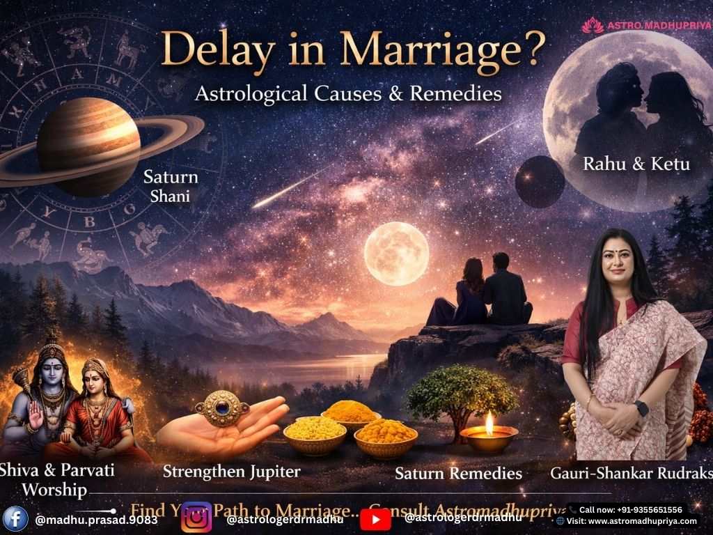 Astrological causes of delayed marriage showing Saturn influence, Rahu Ketu effects, and Vedic remedies like Shiva Parvati worship, yellow sapphire, Peepal tree lamp, and Gauri Shankar Rudraksha by Astromadhupriya.