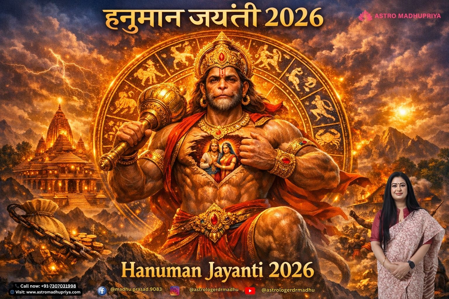Lord Hanuman with radiant Mars energy, symbolizing courage, wealth, career success, and divine blessings during Hanuman Jayanti 2026.