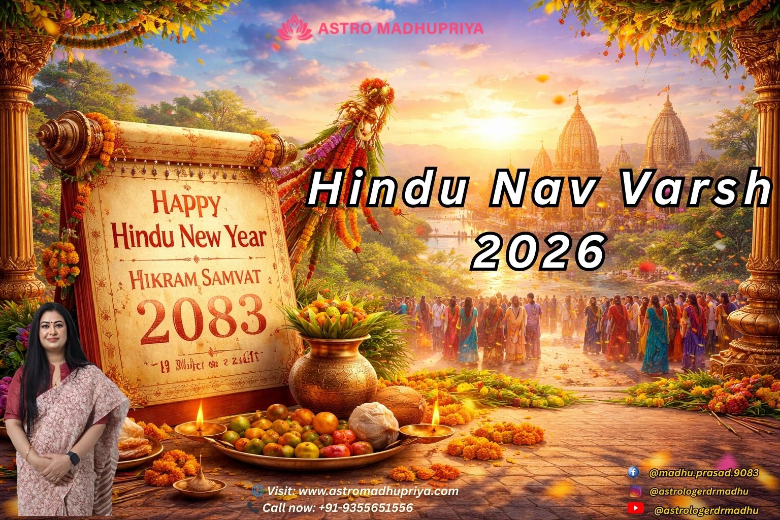 Hindu Nav Varsh 2026 celebration with traditional kalash, rangoli and Gudi symbolizing the beginning of Vikram Samvat 2083 and Chaitra Shukla Pratipada.