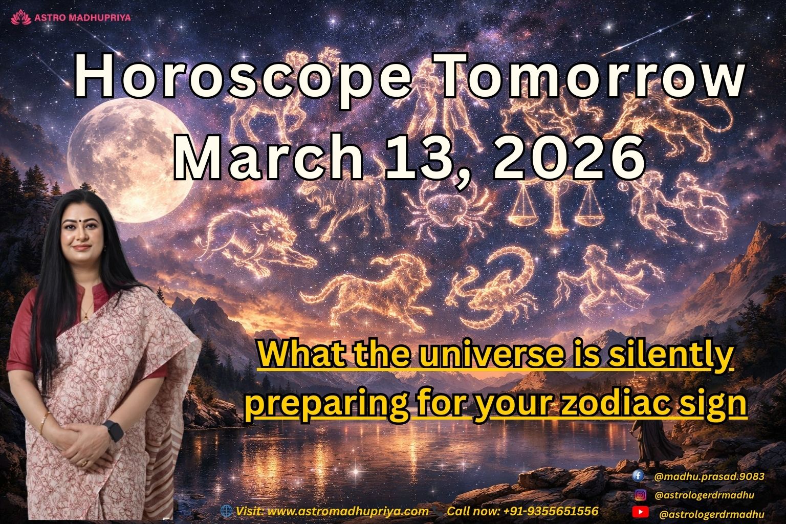 A mystical cosmic background with glowing golden constellations and planetary symbols. Central text reads "March 13, 2026: The Universe is Preparing You.