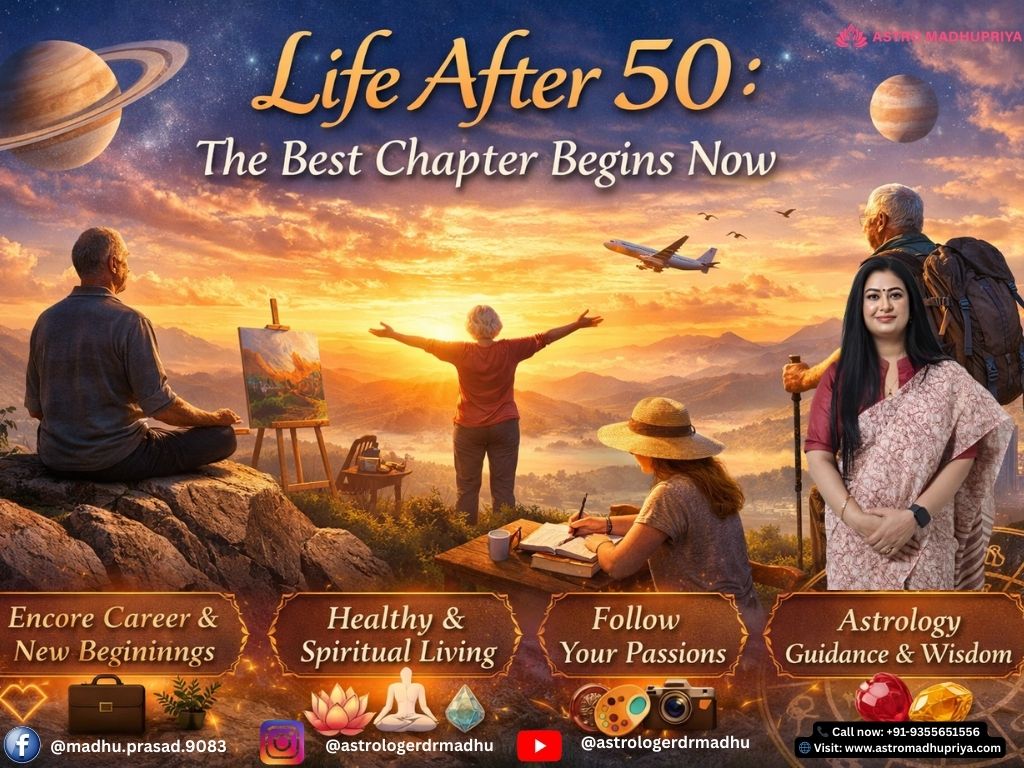 Life after 50 inspiration concept showing people enjoying travel, meditation, painting, and new career opportunities with sunrise background symbolizing second innings of life by Astromadhupriya.
