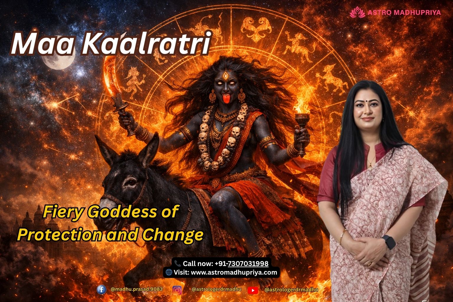 Illustration of Maa Kaalratri, the fierce dark goddess with three radiant eyes, disheveled hair, and fiery aura, riding a donkey, symbolizing protection and destruction of negativity.