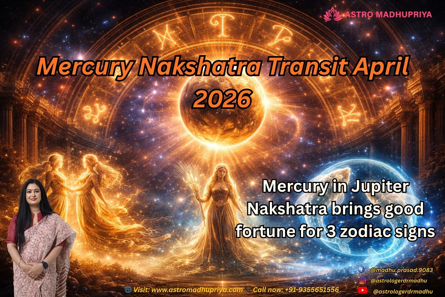 Mercury transit April 2026 in Purva Bhadrapada Nakshatra with Jupiter influence bringing luck to Gemini Virgo and Pisces zodiac signs astrology illustration