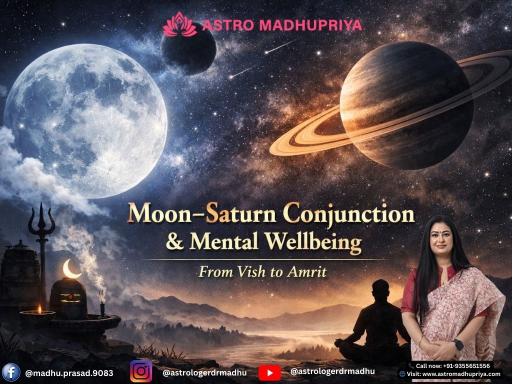 Moon–Saturn conjunction (Vish Yoga) illustration showing the Moon, Saturn, and a person meditating near a Shiva temple symbolizing mental wellbeing and astrological balance.