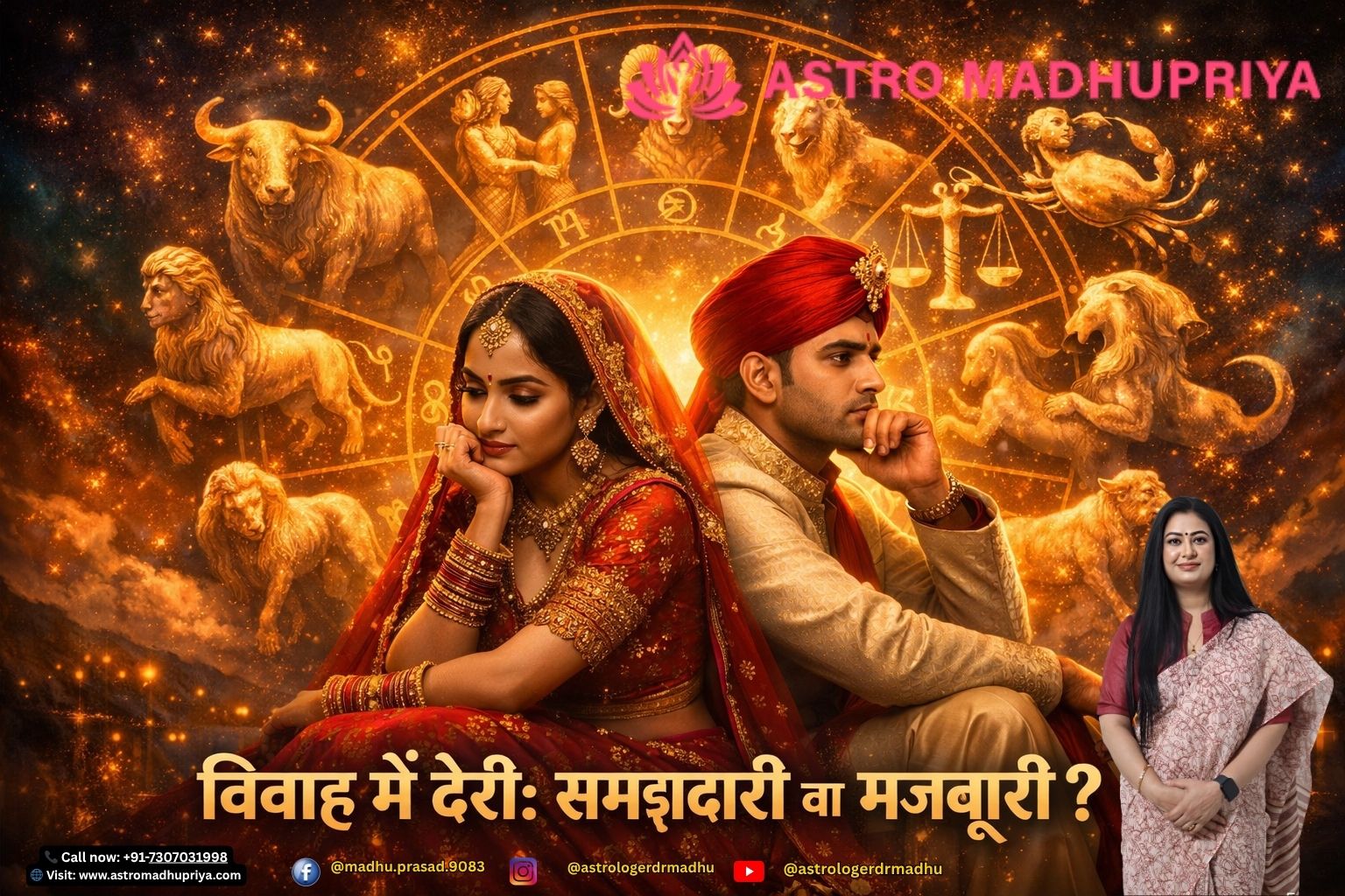 भारतीय दंपति की चिंतनशील मुद्रा में 7D सिनेमैटिक चित्र, पृष्ठभूमि में भारतीय राशि चिह्नों के साथ।