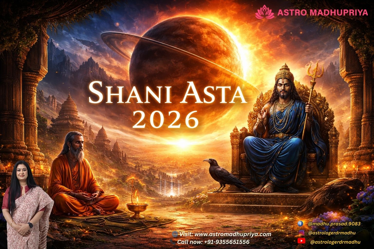 Shani Asta 2026 cinematic illustration showing Lord Shani seated on a golden throne with a crow beside him, Saturn and the Sun conjunction glowing in the sky symbolizing Saturn combustion in Vedic astrology.