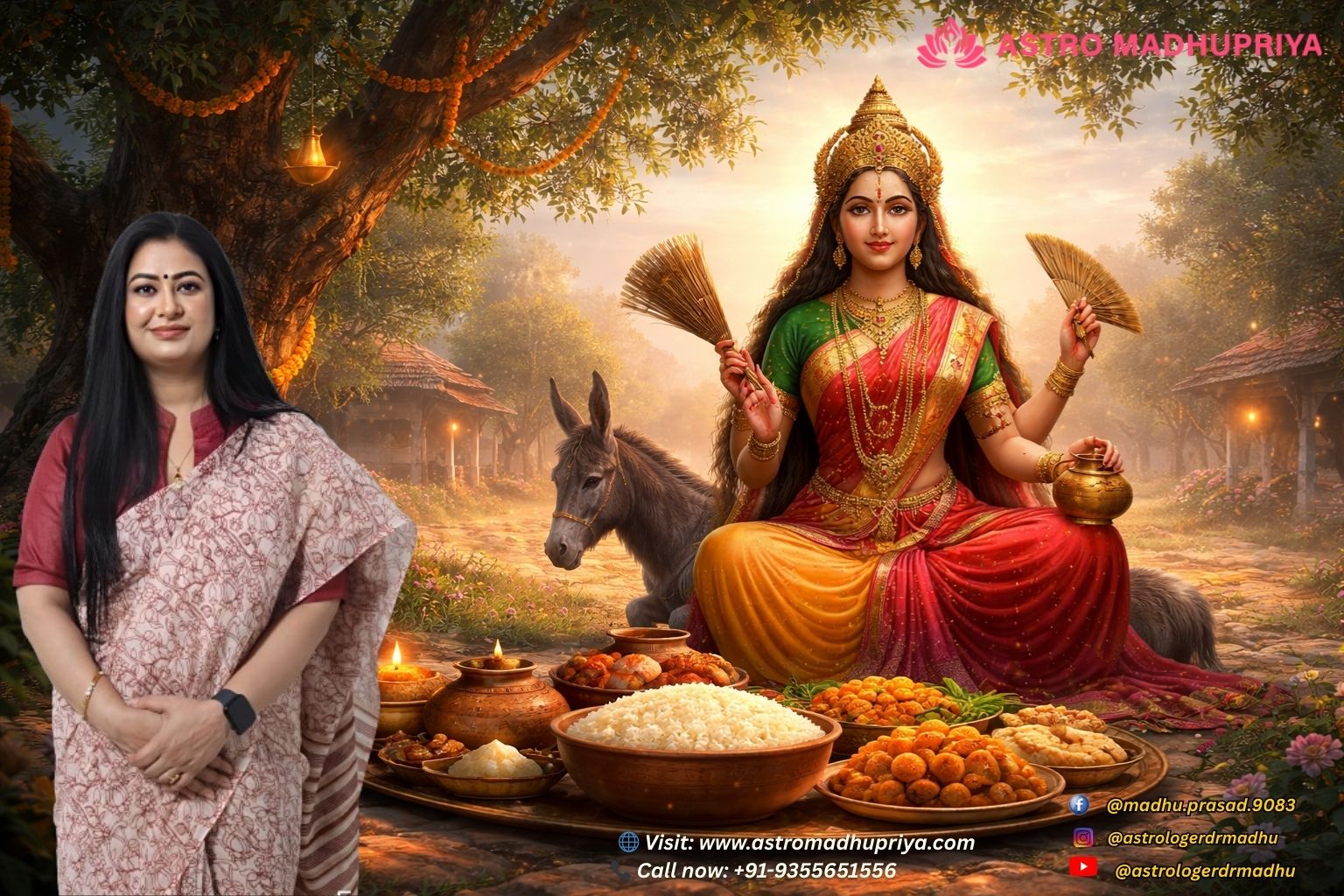 Goddess Sheetala Mata sitting under a neem tree with Basoda food offerings during Sheetala Ashtami festival in a cinematic village background