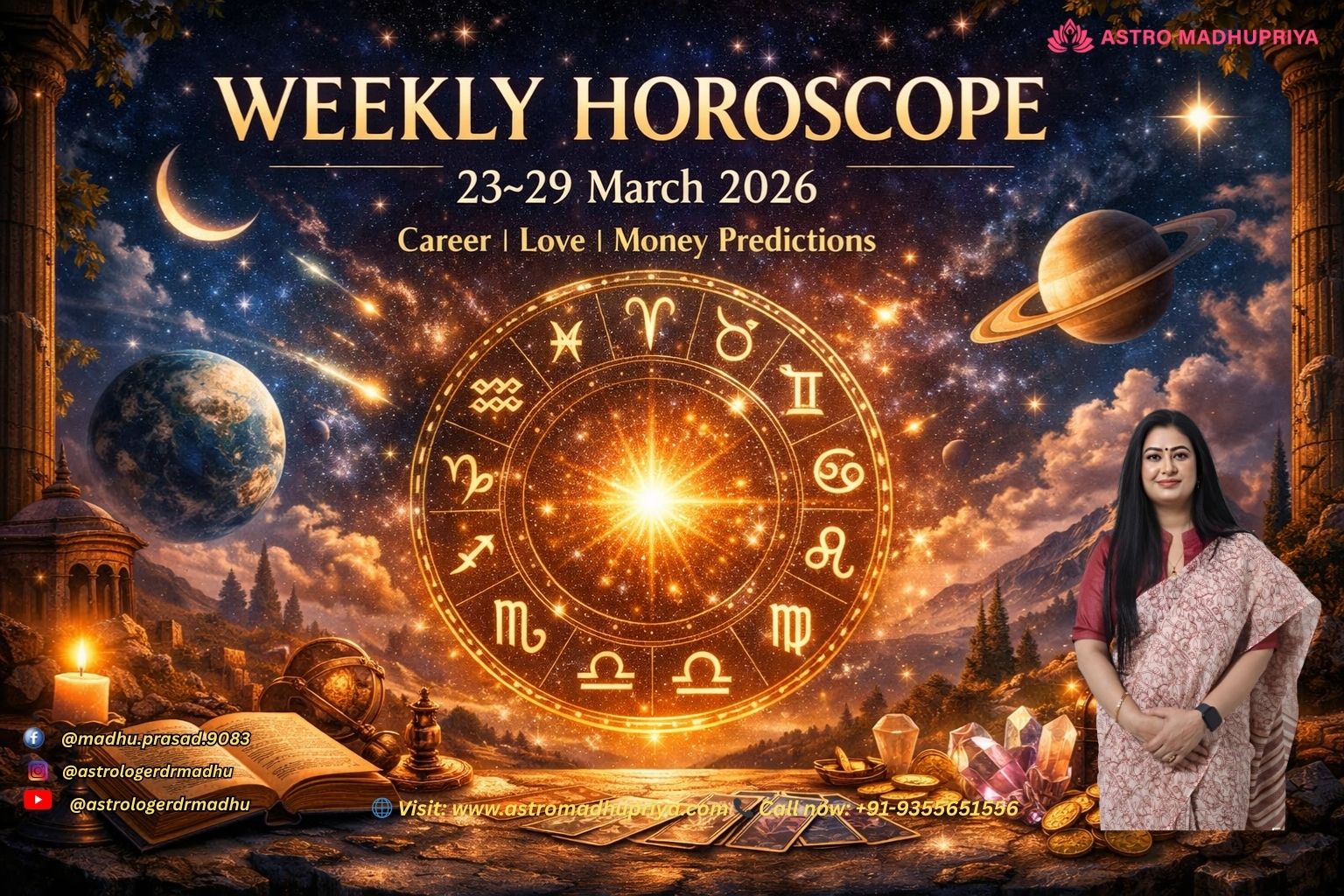 Weekly horoscope predictions for 12 zodiac signs, March 23–29, 2026, highlighting career, love, and money insights.