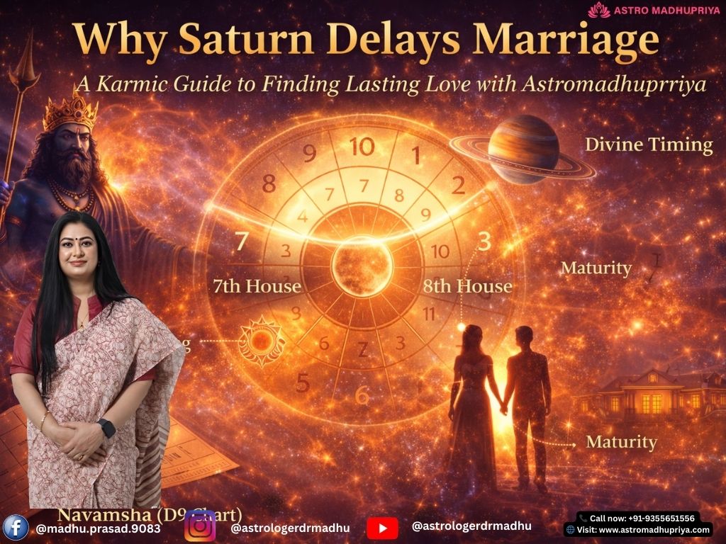 Saturn (Shani Dev) influencing the 7th house of marriage in a Vedic astrology birth chart, symbolizing delay in marriage, karmic lessons, Navamsa chart analysis, and divine timing for lasting love.