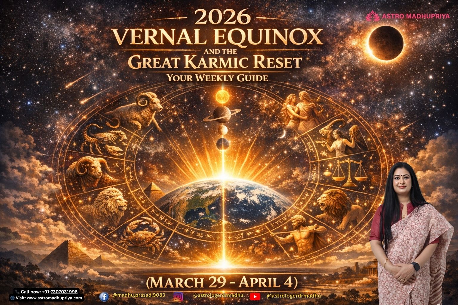 Astrological infographic for 2026 Vernal Equinox and Great Karmic Reset, featuring zodiac wheel, celestial alignments, weekly transits, and strategic guidance from Astromadhupriya.