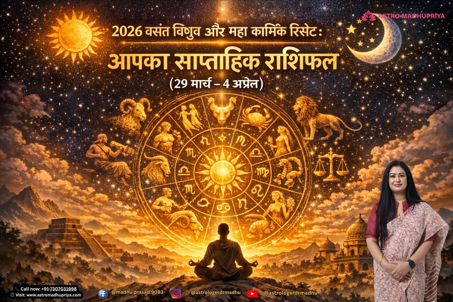 2026 वसंत विषुव और महा कार्मिक रिसेट के लिए एक सिनेमैटिक ज्योतिषीय दृश्य जिसमें भारतीय राशि चक्र, ध्यानस्थ व्यक्ति, प्राचीन मंदिरों और सूर्य-चंद्रमा की ऊर्जा शामिल है।