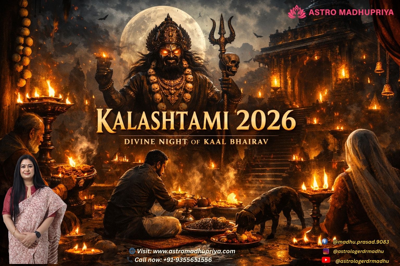 Kalashtami 2026 cinematic artwork showing Lord Kaal Bhairav with trident and skull garland, devotees performing midnight puja with oil lamps at an ancient temple under the full moon.