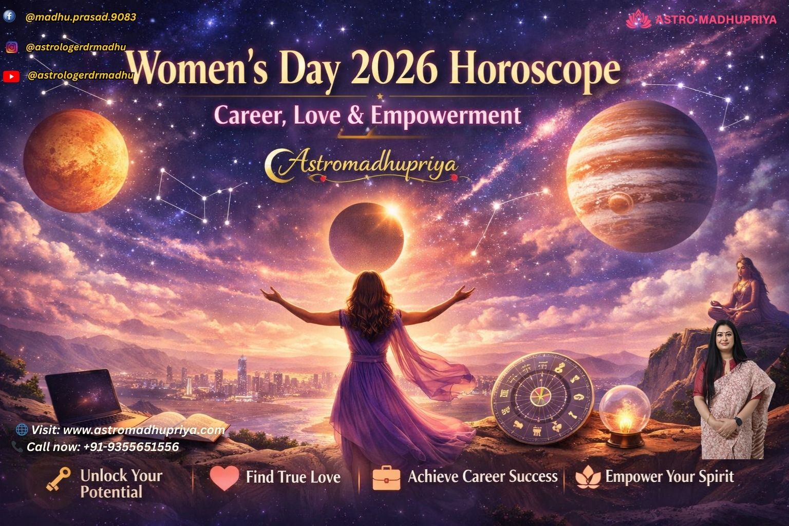 Women's Day 2026 horoscope astrology illustration showing a confident woman under a cosmic sky with planets, zodiac symbols and eclipse energy representing career success, love and empowerment by Astromadhupriya.