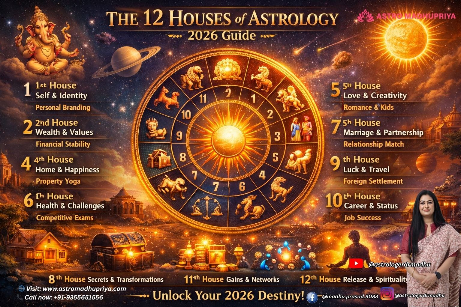 Astrology chart showing 12 houses and their lords with 2026 predictions.