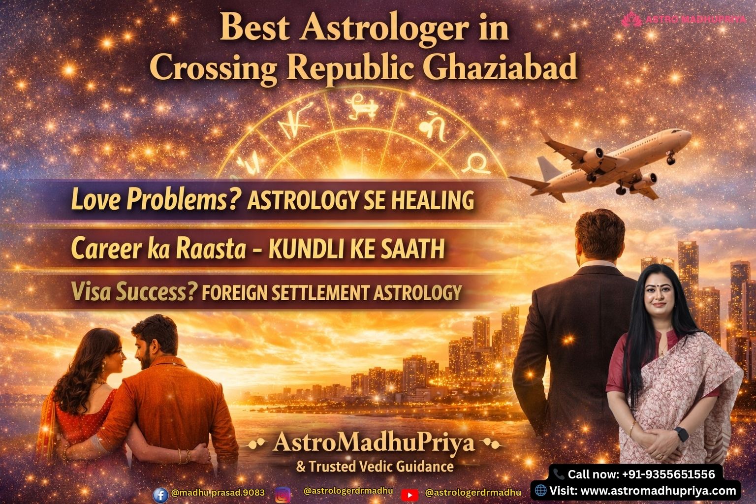 Astrologer in Crossing Republic Ghaziabad offering love problem solutions with Vedic Kundli matching. Career astrologer in Crossing Republic Ghaziabad guiding professionals on job growth and business success. Astrologer in Ghaziabad offering foreign settlement and visa success guidance through Vedic astrology. Best astrologer in Crossing Republic Ghaziabad offering holistic Vedic guidance for love, career, and life problems.