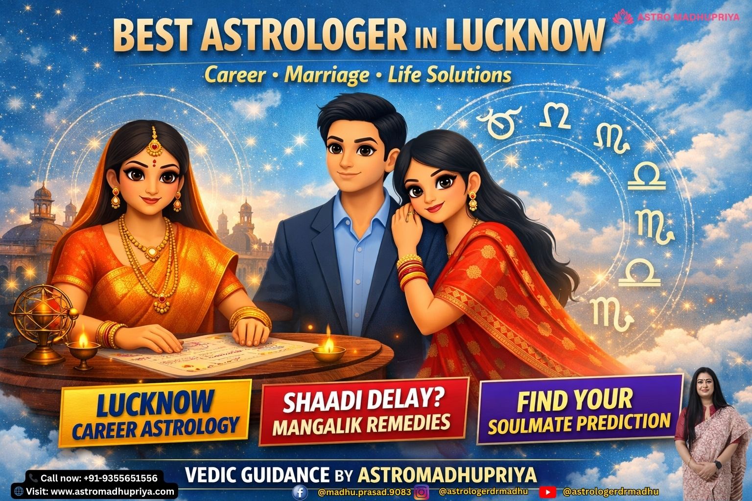“Best astrologer in Lucknow offering Vedic guidance for career, marriage, and life solutions – Astromadhupriya.” “Lucknow astrology consultation – horoscope matching, career remedies, and marriage solutions with ethical Vedic expertise.”