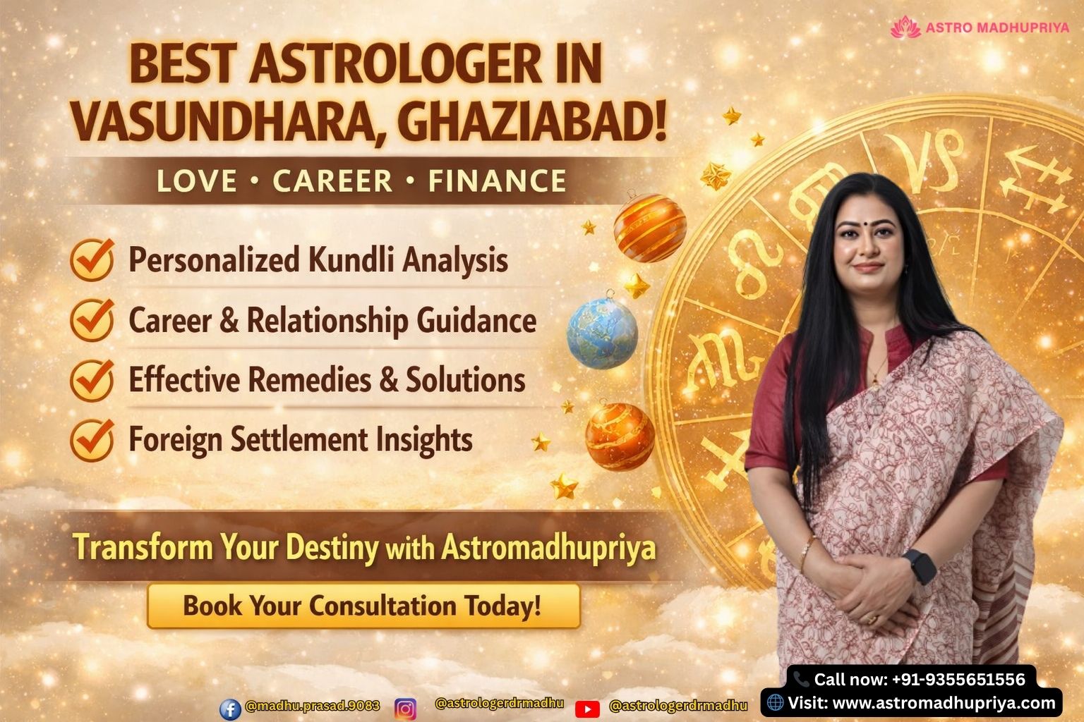 Trusted Vedic astrologer in Vasundhara Ghaziabad offering guidance for love, career, finance, and life clarity. Astromadhupriya providing personalized Kundli analysis and remedies for career growth and relationship harmony. Online astrology consultation in Ghaziabad with privacy, convenience, and accurate planetary insights.