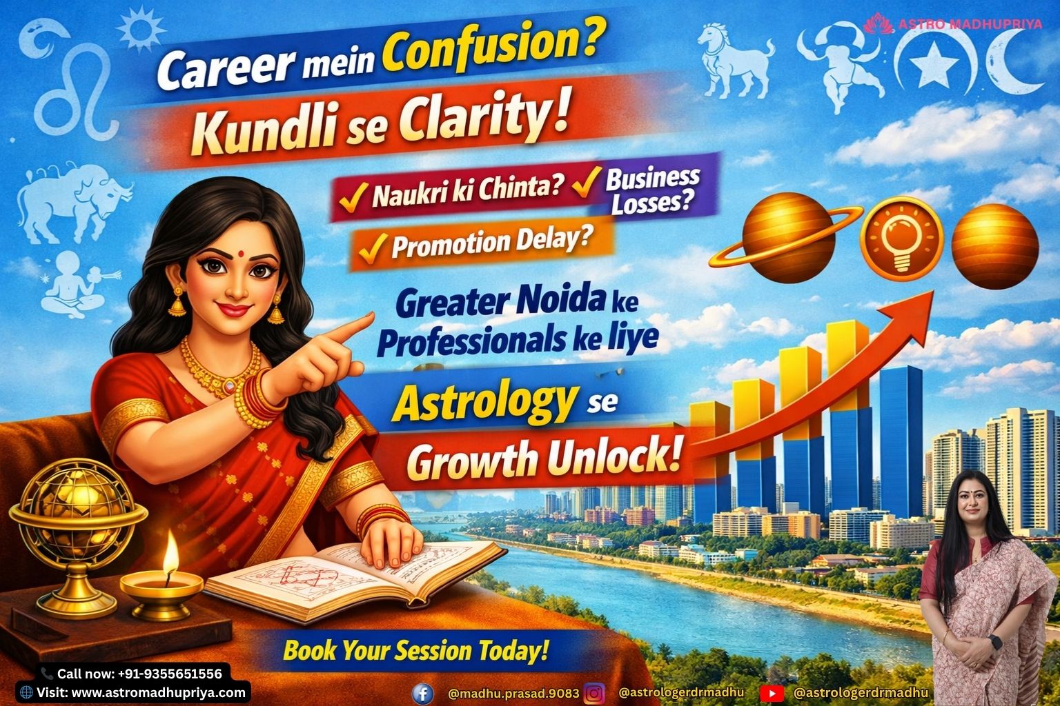 Light sky blue background with zodiac symbols and bold Hinglish overlay reading “Career mein Confusion? Astrology se Clarity!” Cinematic avatar figure pointing toward upward career graph with Greater Noida cityscape in backdrop. Symbolic Saturn, Mercury, and Jupiter icons aligned over the 10th house wheel, representing career astrology guidance.