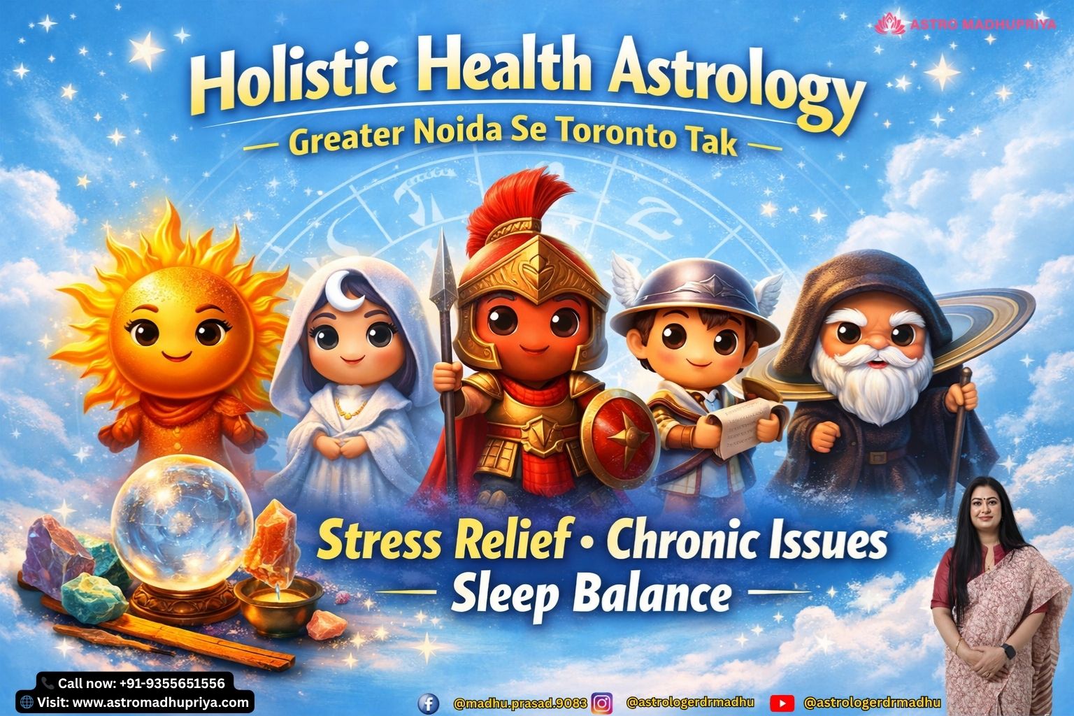 Light sky blue background with zodiac symbols representing Sun, Moon, Mars, Mercury, and Saturn, styled as avatar figures for holistic health astrology in Greater Noida. Cinematic astrology visual showing planetary energy balance for stress relief and wellness, designed for NCR and diaspora audiences.