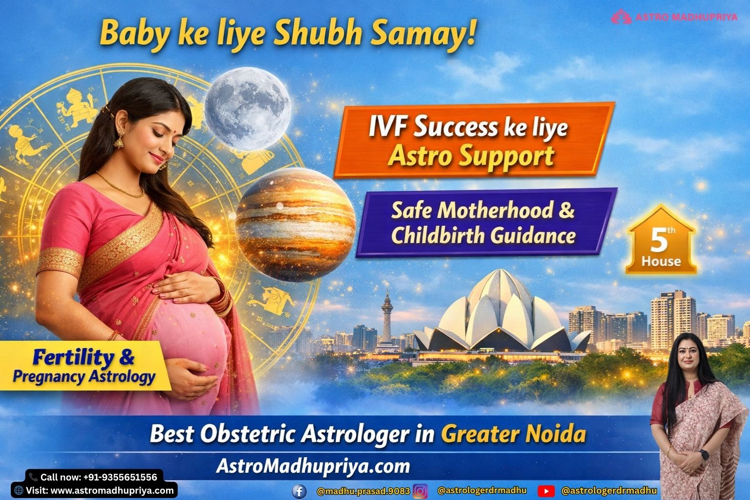Light sky blue zodiac visual with Jupiter, Moon, and 5th House symbols for fertility astrology. Cinematic astrology graphic showing Greater Noida cityscape blended with planetary icons for pregnancy guidance. Symbolic avatar mother figure surrounded by celestial energy, representing safe childbirth astrology.