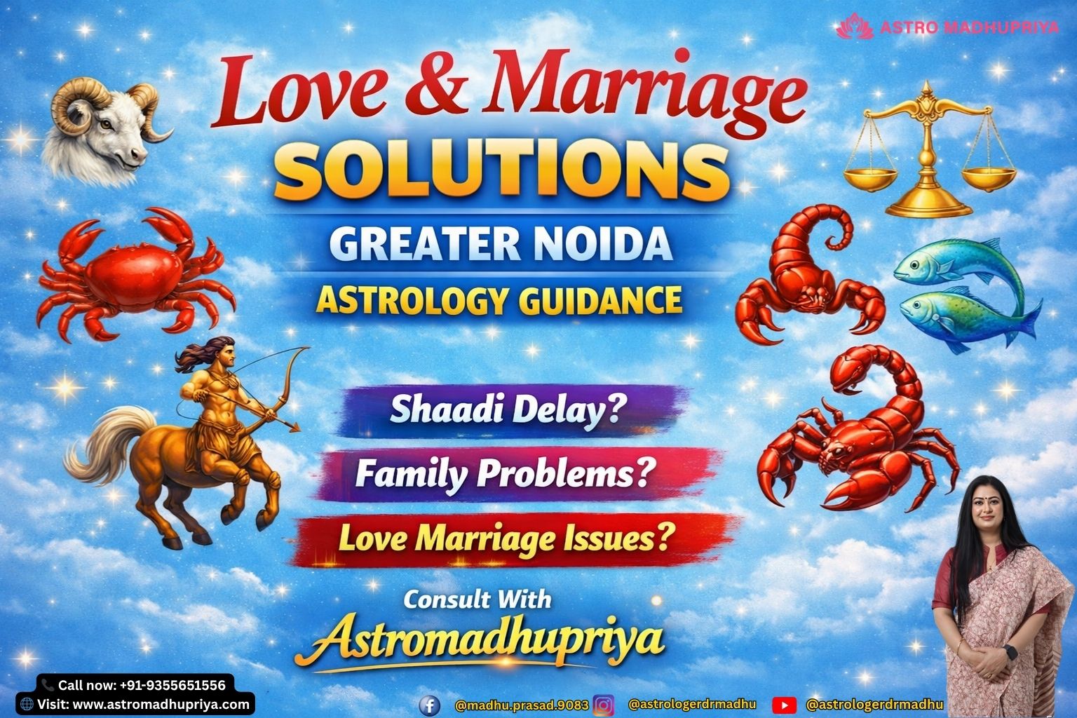 Light sky blue background with symbolic zodiac avatars, bold Hinglish overlay reading “Love & Marriage Solutions – Greater Noida Astrology Guidance,” designed for Instagram Reels and YouTube Shorts.