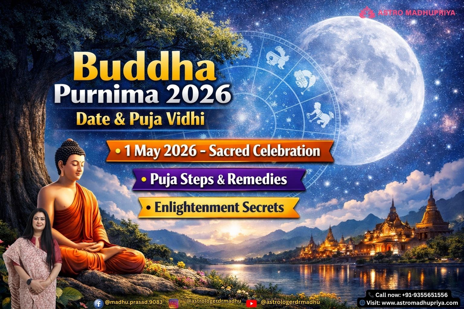 “Full moon night with Bodhi tree silhouette and meditating Buddha avatar under cosmic sky, Vaishakh Purnima 2026.”
