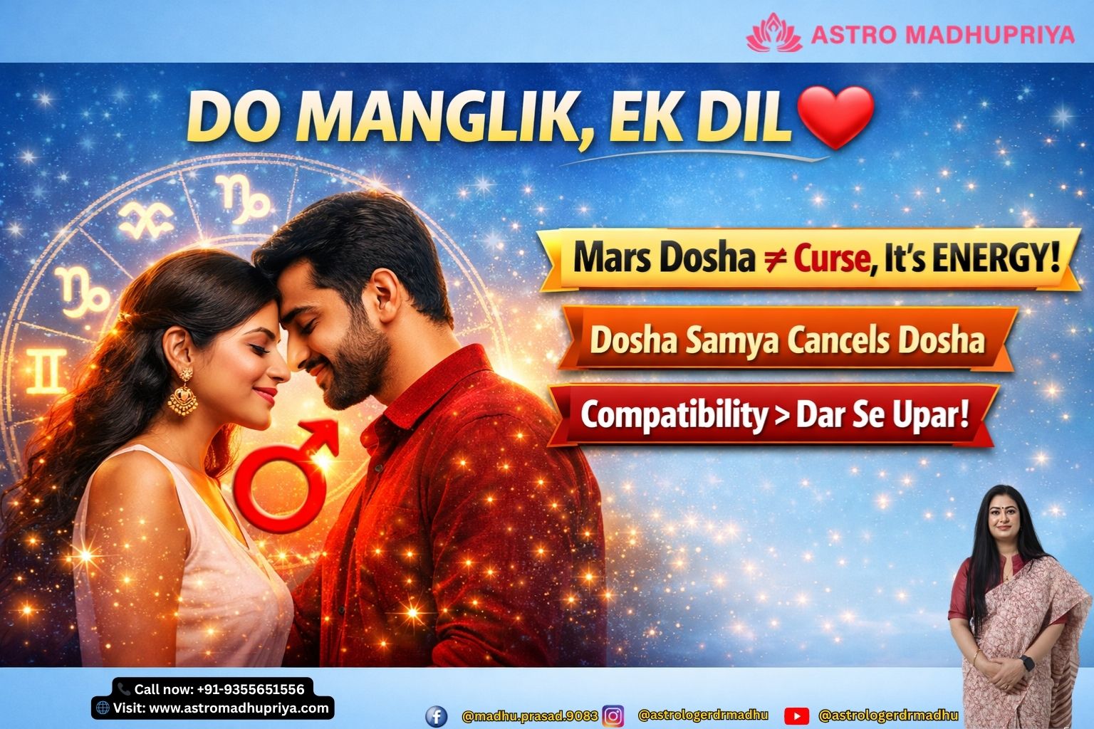 Two Mangliks marriage compatibility – Mars Dosha neutralization explained with Vedic astrology insights. Astrology chart showing Mars Dosha houses and Manglik marriage remedies. Manglik Dosha myth-busting infographic with Dosha Samya neutralization.