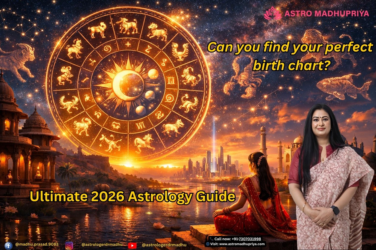 Cinematic starry sky with zodiac wheel glowing over a digital cityscape, symbolizing astrology in 2026.