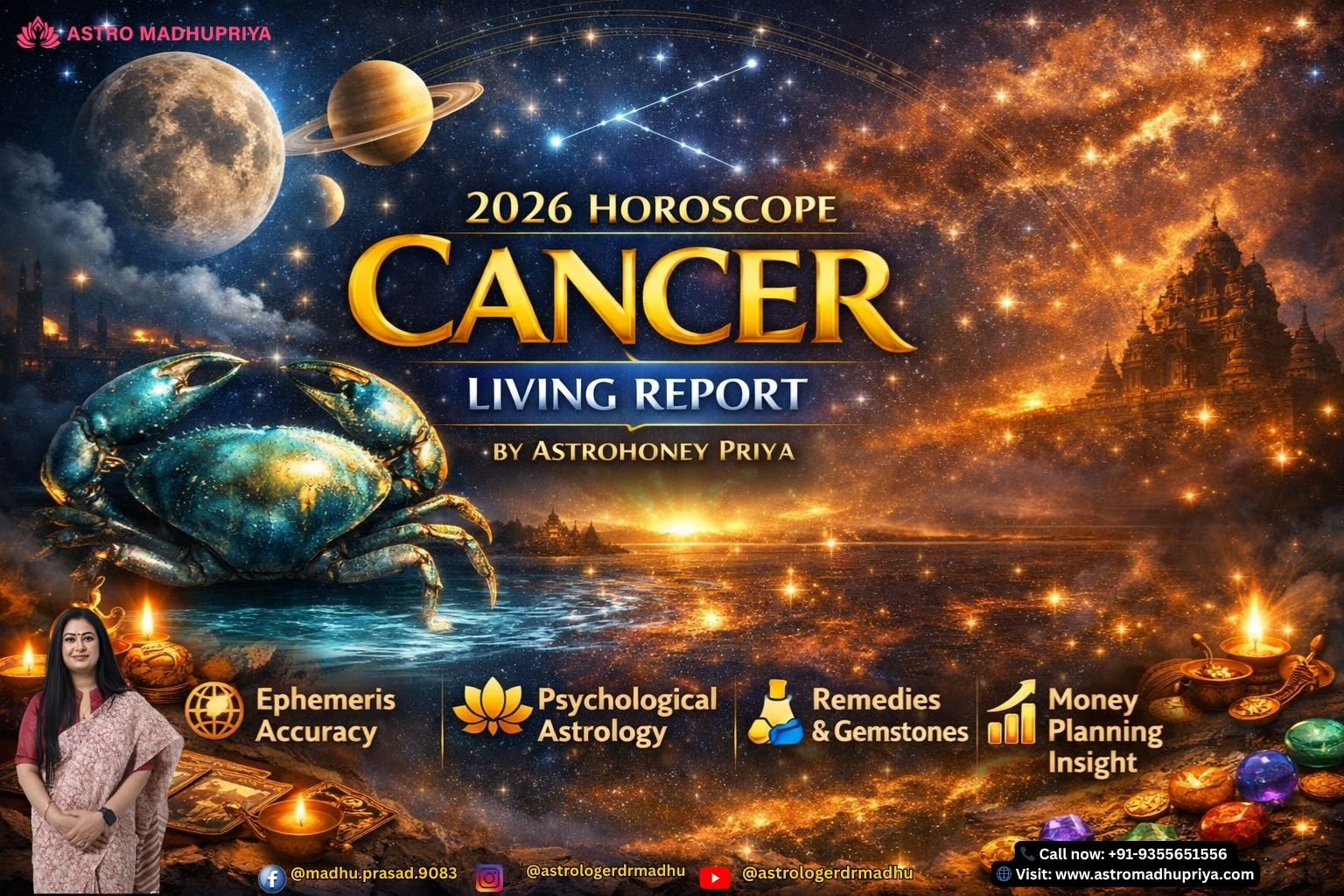 Cinematic zodiac-themed Cancer 2026 horoscope poster with light blue background and mystical symbols.