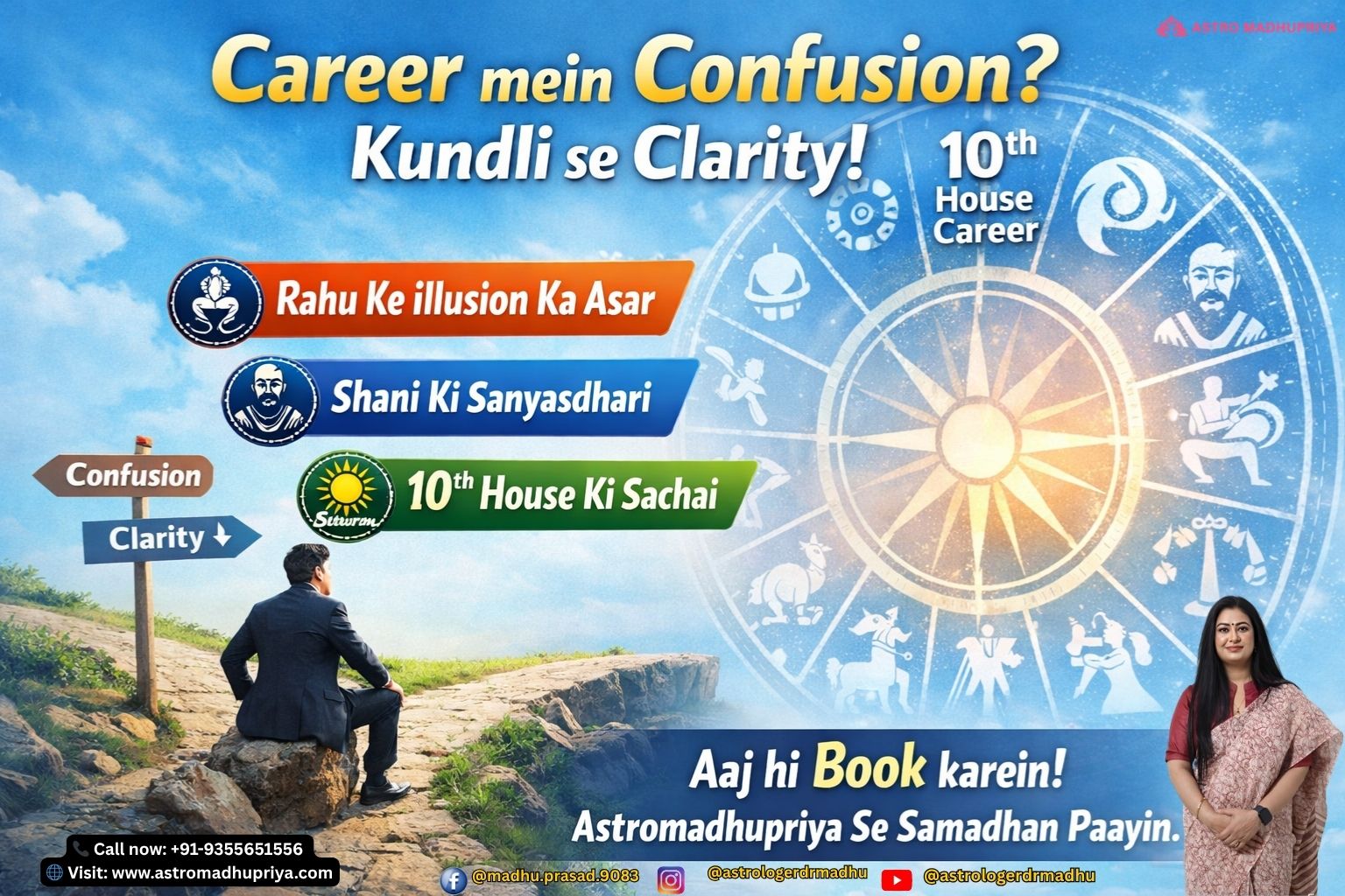 “Light sky blue background with symbolic zodiac wheel highlighting the 10th house, Rahu and Saturn icons.” “Astrology-themed avatar figure pointing toward career path arrows, representing confusion and clarity.” “Cinematic zodiac design with bold Hinglish overlay: ‘Career mein Confusion? Kundli se Clarity!’”
