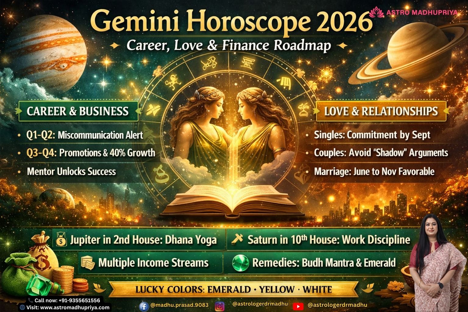Gemini Horoscope 2026 roadmap highlighting career, love, finance, and remedies with emerald green and pastel yellow zodiac design.