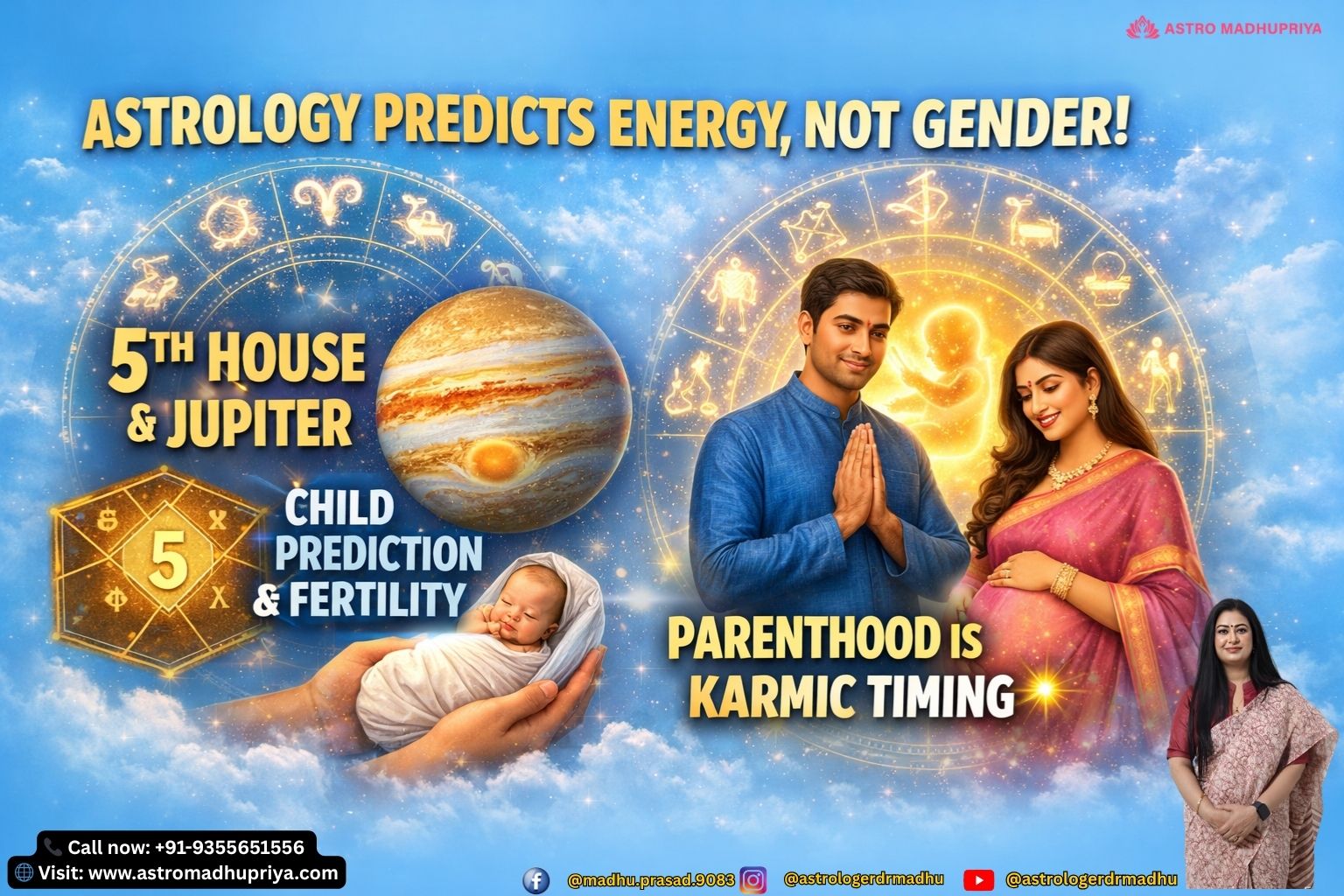 “Light sky blue zodiac-themed visual showing astrology symbols of 5th House and Jupiter for child prediction.” “Cinematic avatar-style depiction of Vedic astrology chart highlighting progeny and karmic energies.” “Astrology child prediction visual with symbolic planets Sun, Moon, Jupiter, and Saptamsa chart motifs.”