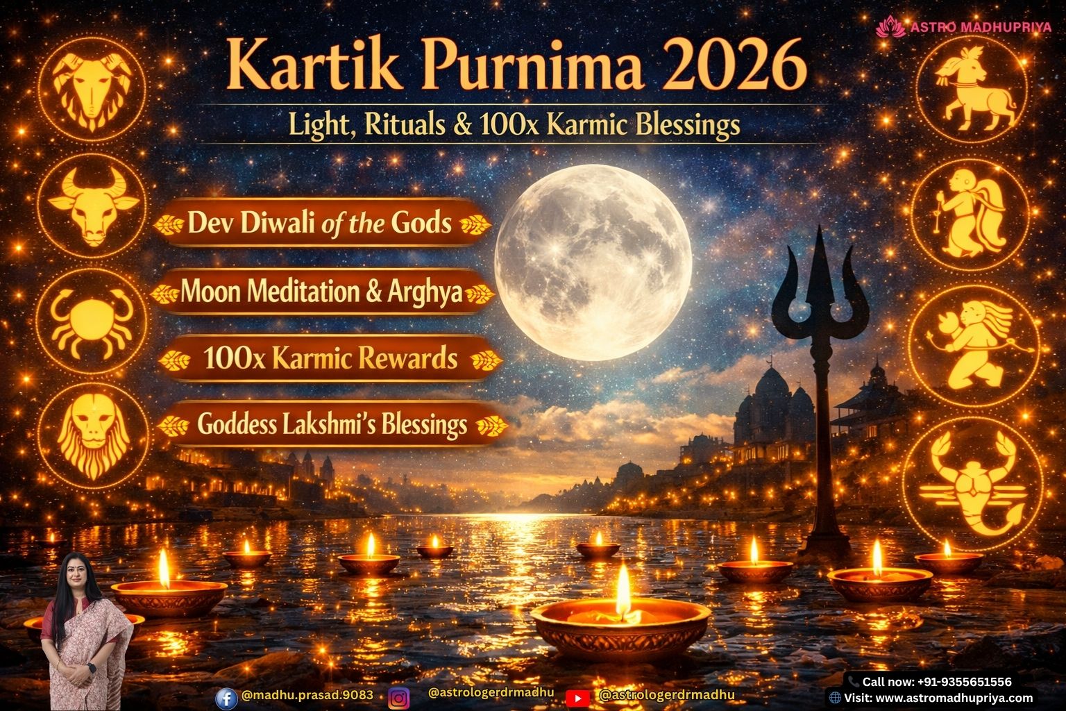 “Full moon night of Kartik Purnima 2026 with glowing diyas floating on a river, symbolizing Dev Diwali and divine blessings.” “Sacred Kartik Purnima ritual with devotees offering arghya to the moon under cosmic light.” “Cinematic depiction of Kartik Purnima 2026 – moonlit sky, Shiva’s trident silhouette, and riverside lamps.”