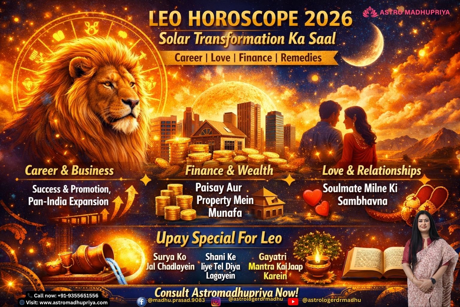 Leo Horoscope 2026 Solar Transformation Poster – saffron, gold, and royal blue design with zodiac lion symbol.