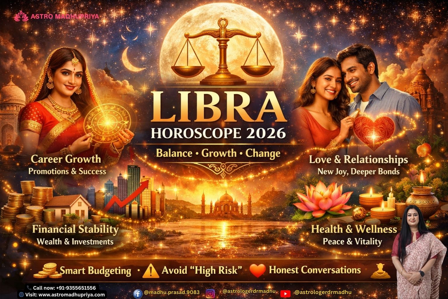 Libra Horoscope 2026 poster with zodiac balance theme, highlighting career growth, financial stability, love clarity, and health remedies.