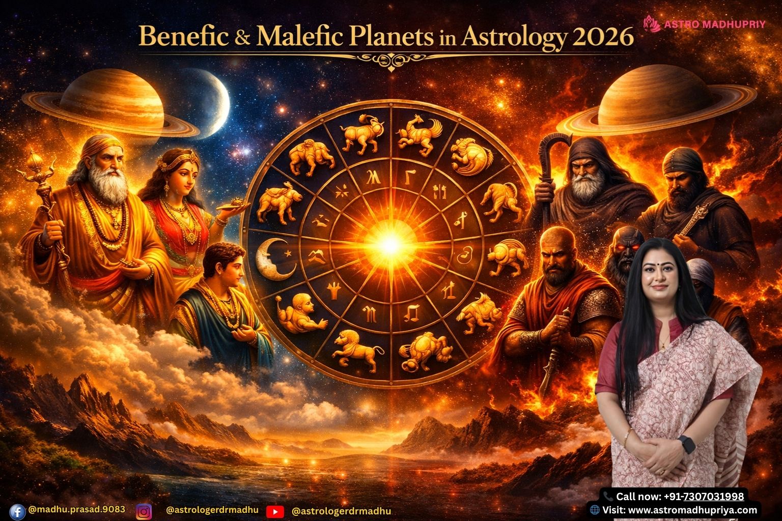 “Astrology chart showing benefic and malefic planets for 2026 with Jupiter in Cancer and Saturn in Aries.” “Illustration of Rahu in Aquarius symbolizing digital obsession and technological change in 2026.” “Ketu as a spiritual benefic planet, representing detachment and liberation in astrology.” “Venus retrograde 2026 visual highlighting relationship audits and financial lessons.”