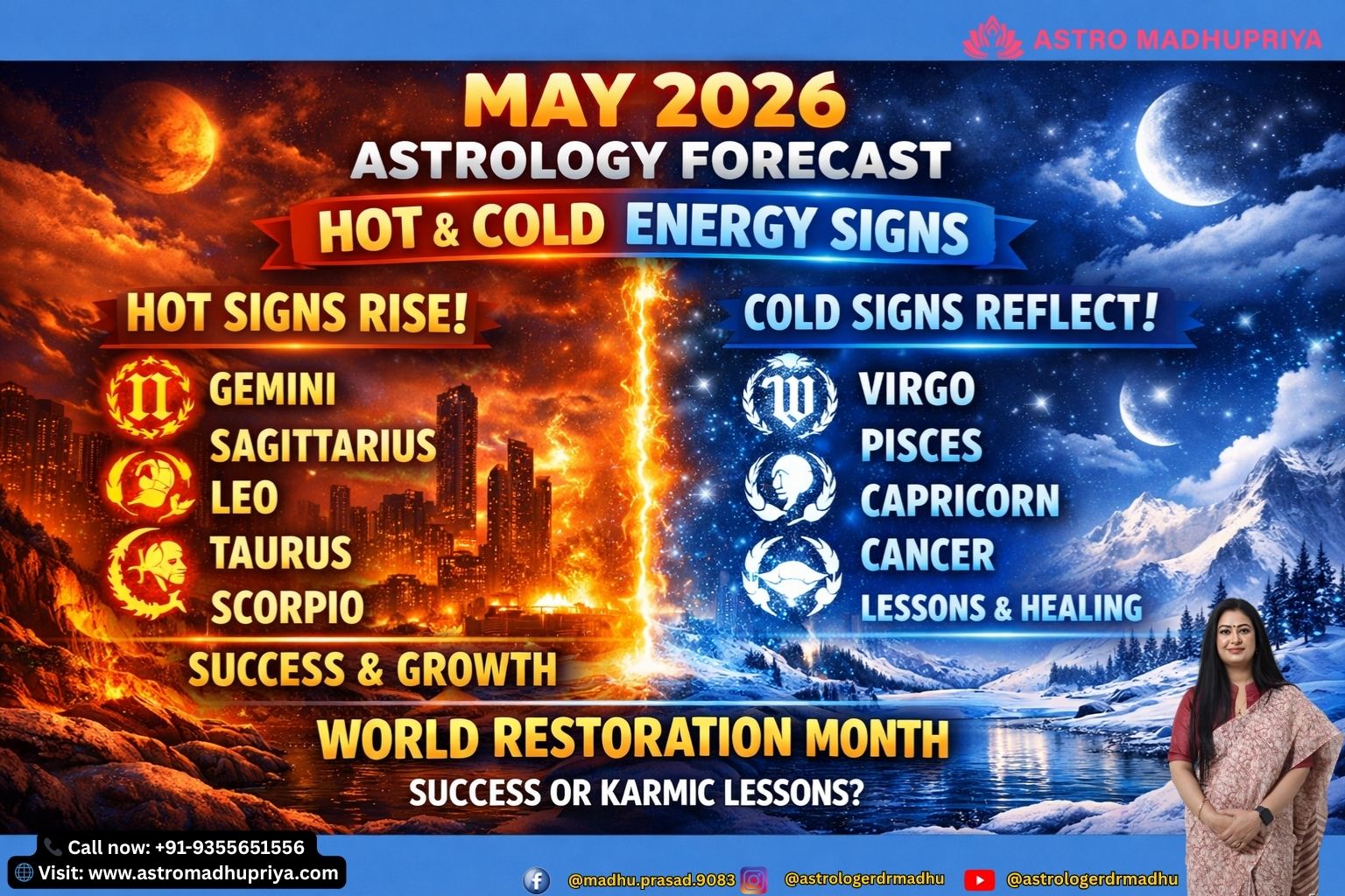 May 2026 astrology forecast showing hot zodiac signs Gemini, Sagittarius, Leo, Taurus, Scorpio rising in success. Cold zodiac signs Virgo, Pisces, Capricorn, Cancer facing karmic lessons and emotional resets in May 2026 horoscope. AstroMadhuPriya May 2026 cosmic divide – hot vs cold zodiac energy explained with planetary alignment.