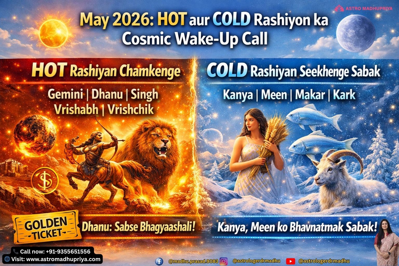 Light sky blue background with zodiac symbols showing hot and cold energy for May 2026. Astrology forecast May 2026 highlighting Gemini, Sagittarius, Leo, Taurus, Scorpio as hot signs. Astrology chart May 2026 showing Virgo, Pisces, Capricorn, Cancer under cold energy influence.